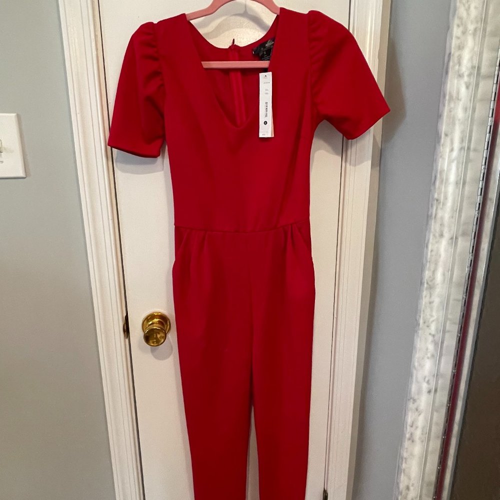 NWT AQUA Red Puff Sleeve Evening Pleated Jumpsuit with Pockets Small